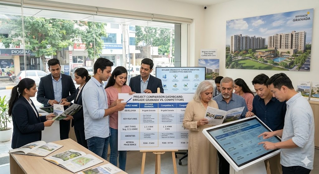 Brigade Granada vs. The Competition: 2026 Comparison & Review Price comparison of Brigade Granada Hoskote Road vs Whitefield core apartments 2026 showing higher ROI and 80 percent open space advantage for investors